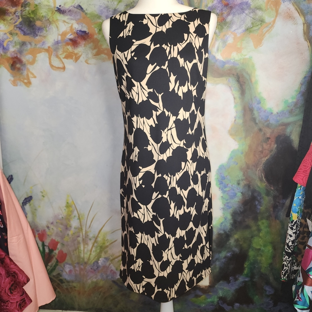 EUC Linea Domani Tan and Black Midi Pullover Floral Sheath Dress